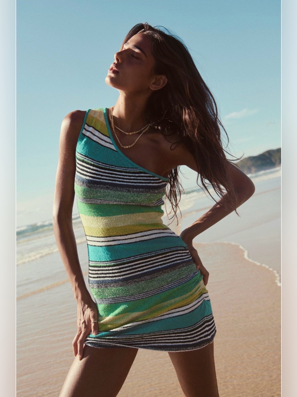 NWT Free People Striped Sweater One Shoulder Mini Dress Aqua Green Combo Size M - Picture 2 of 5